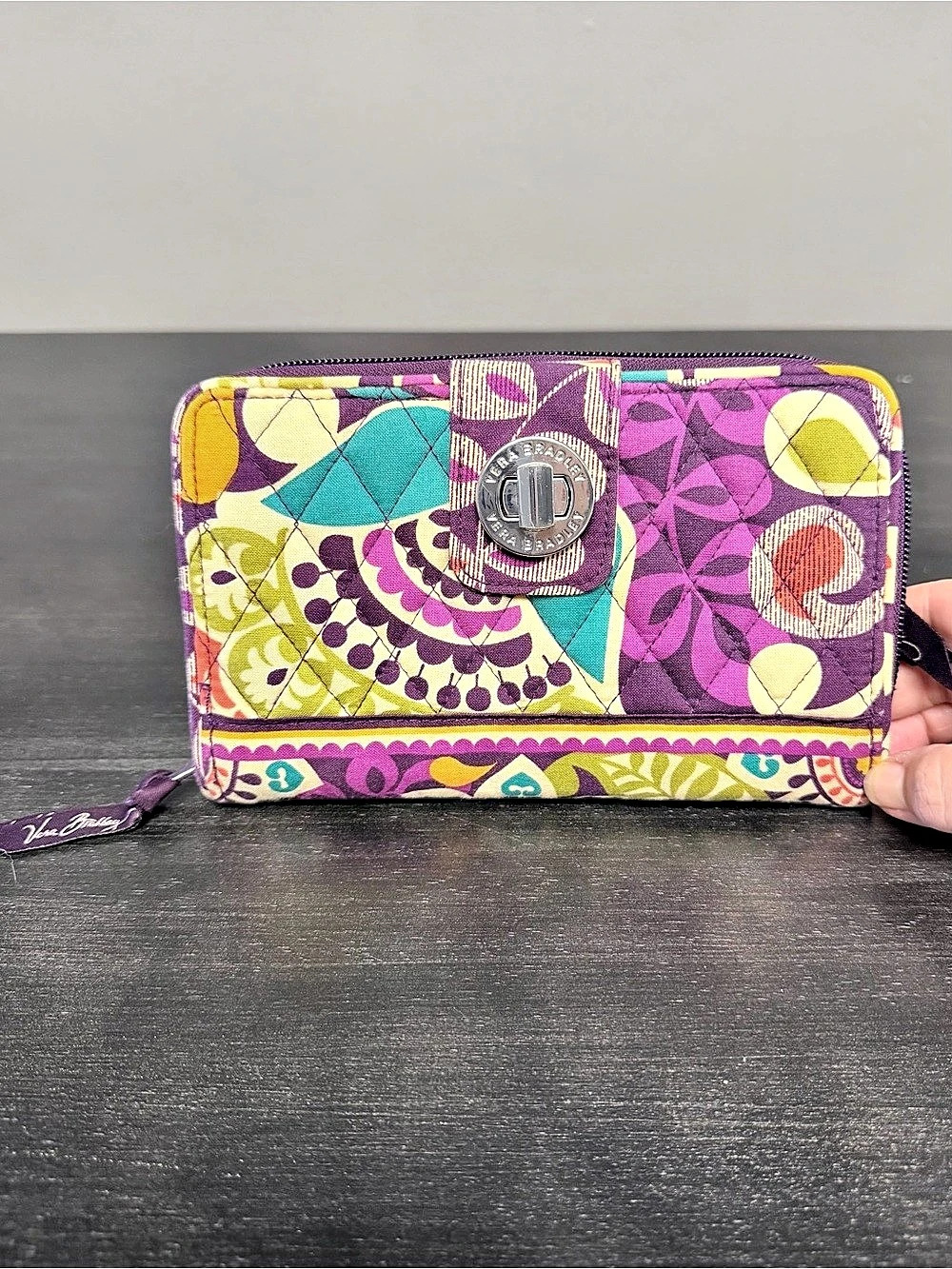 Vera Bradley Heather Turn Lock Wallet Purple Paisley Quilted Retired Pattern Y2K